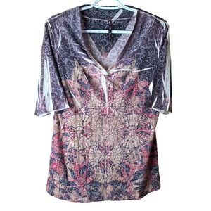 Susan Graver Sheer Mesh V Neck Floral Scroll Top Women's Large Multicolor